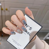 Vibeficant Glaze Blue Cat Eye Press on Nails Short Square Rhinestone Design